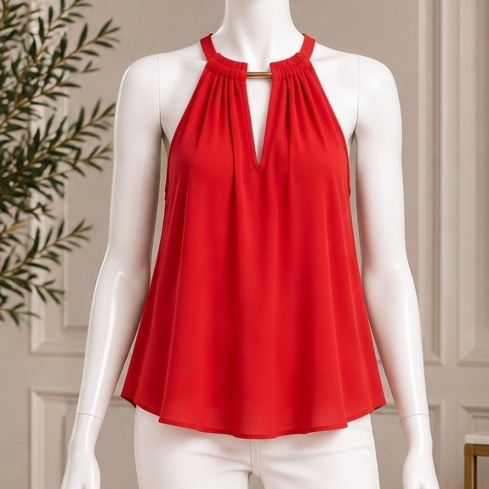 Michael Kors Womens Halter Top Coral Ruffle Hem Keyhole Neck Large